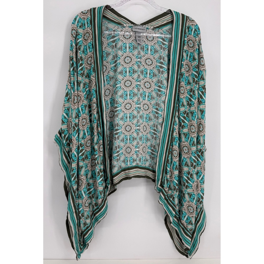 Catherines Womens Teal Olive Geometric Medallion Kimono Wrap Cardigan‎ Sz 2X/3X